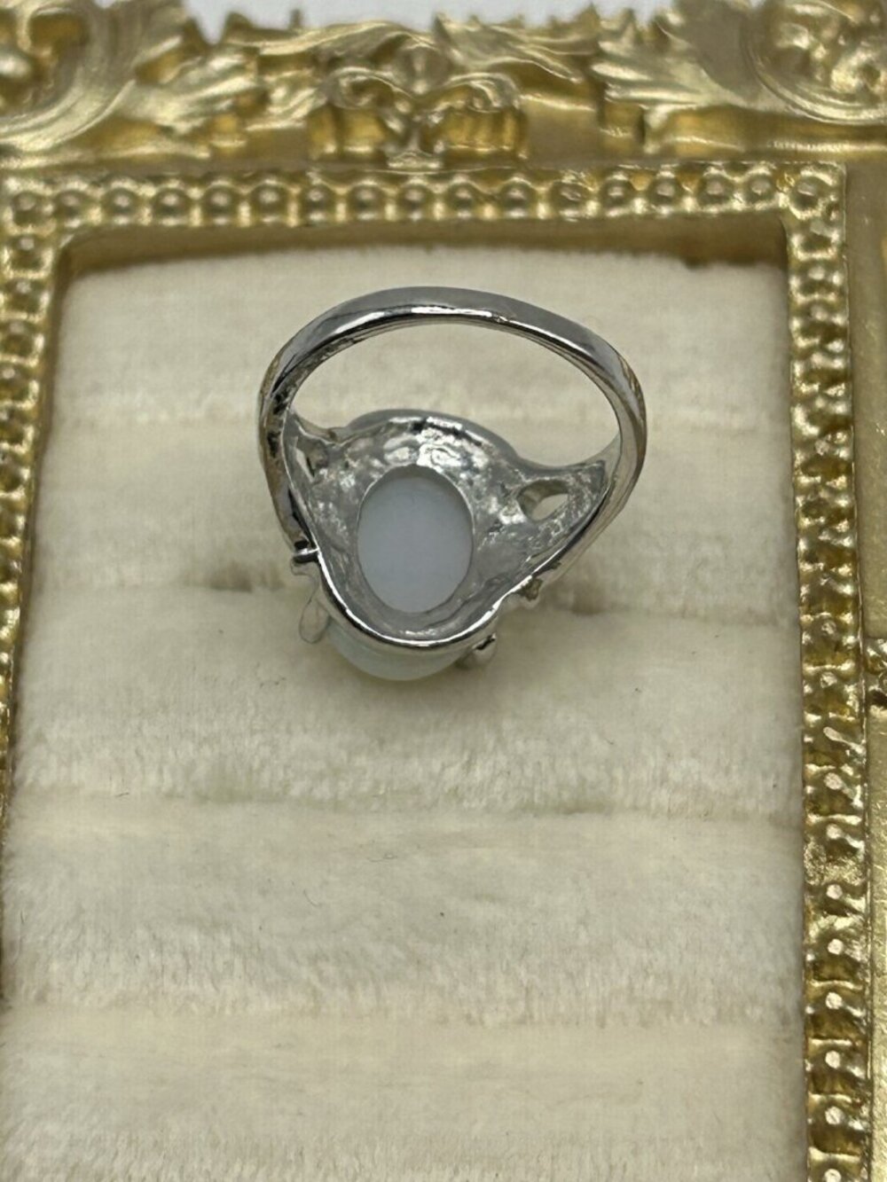 Vintage Opalite Glass Oval Ring Silver Tone Filigree Setting Size 6 Witchy Gift - Picture 5 of 11